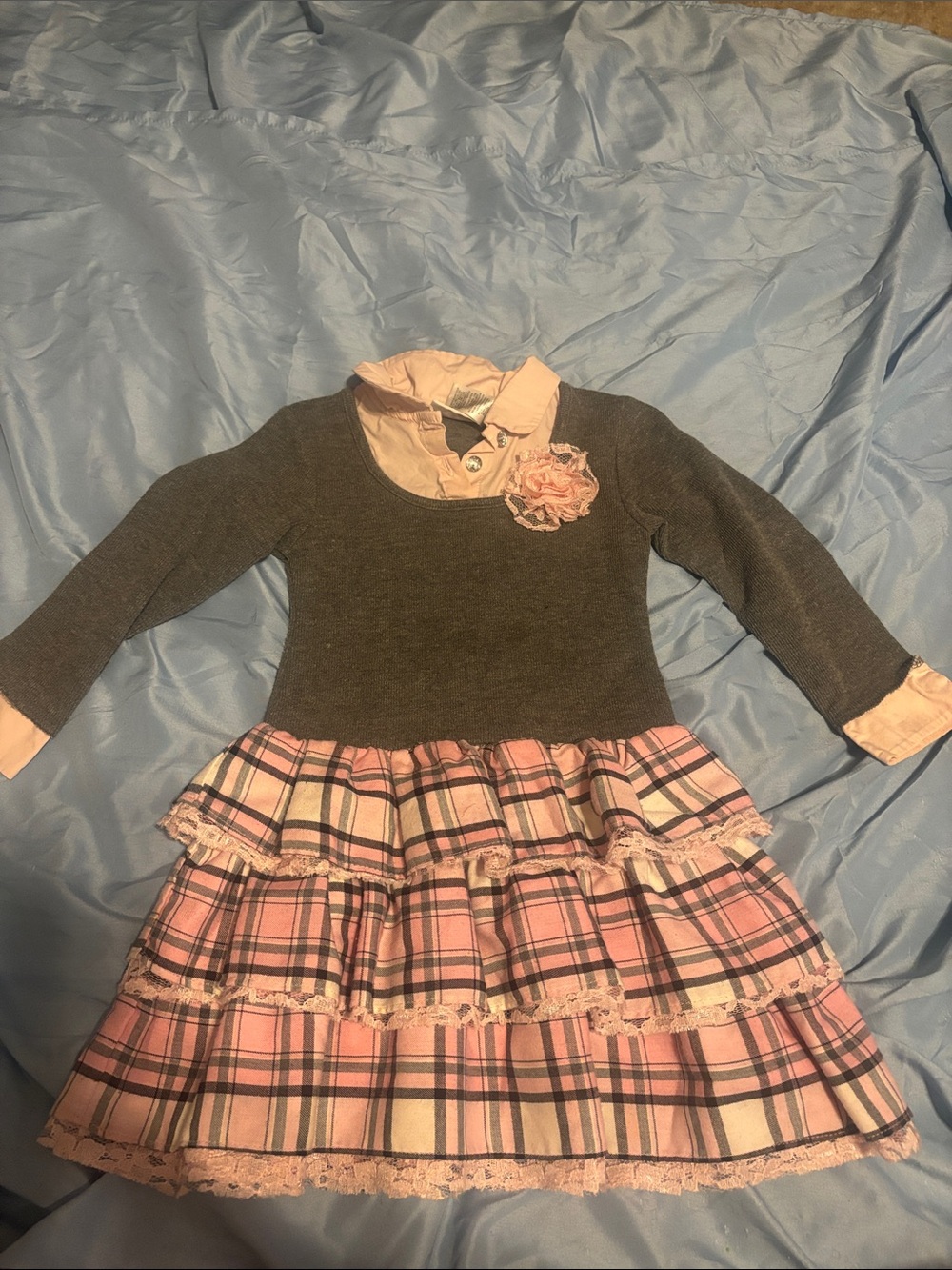 Blueberi Boulevard Pink Plaid Ruffle Dress with Gray Knit Top
